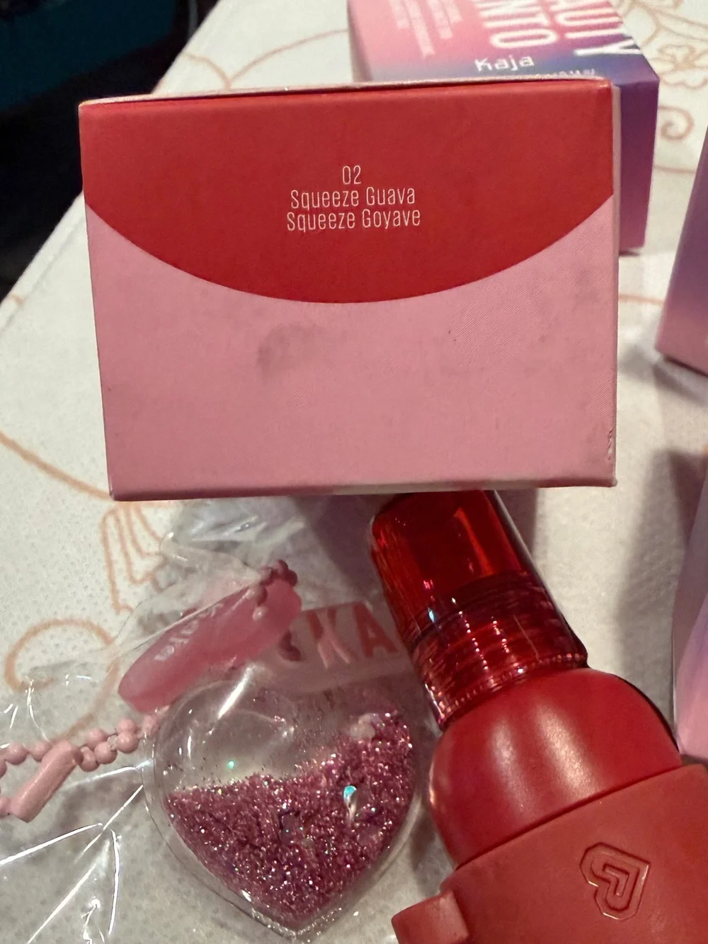 Kaja Red Blush - Lip Oil with Pink Glitter Heart Charm Squeeze Guava